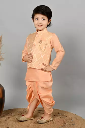 Boys jacquard ethnic motifs kurta dhoti pant with waistcoat set - peach