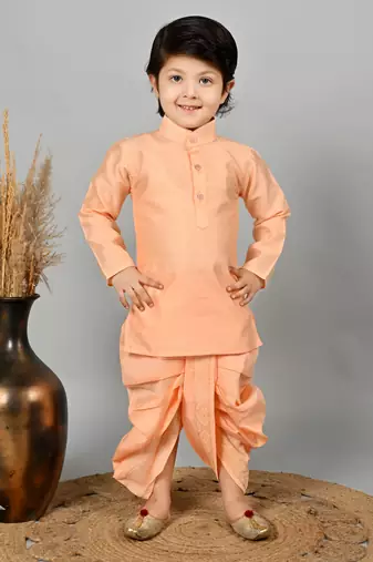 Boys jacquard ethnic motifs kurta dhoti pant with waistcoat set - peach