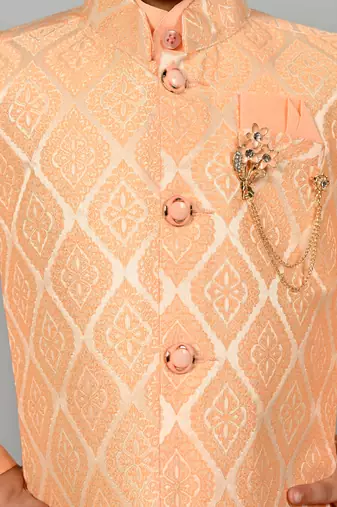 Boys jacquard ethnic motifs kurta dhoti pant with waistcoat set - peach