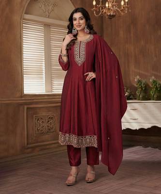 Maroon silk blend salwar kameez & dupatta set 1