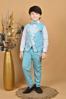 Boys cotton blend marble print 3 piece party suit set - sky blue 1