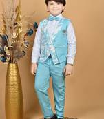 Boys cotton blend marble print 3 piece party suit set - sky blue