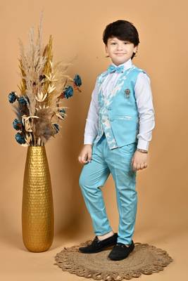 Boys cotton blend marble print 3 piece party suit set - sky blue 3