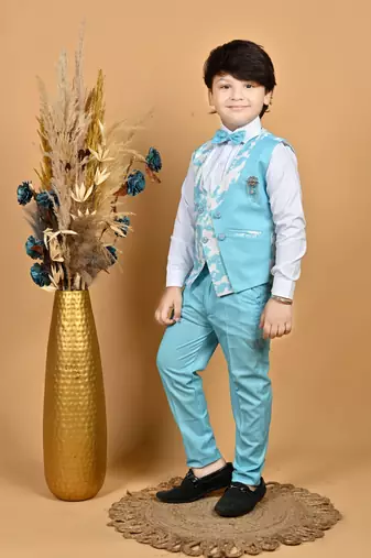 Boys cotton blend marble print 3 piece party suit set - sky blue