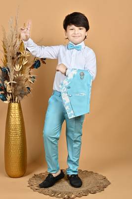 Boys cotton blend marble print 3 piece party suit set - sky blue 4