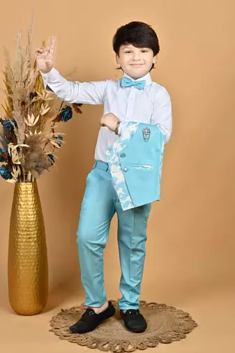Boys cotton blend marble print 3 piece party suit set - sky blue