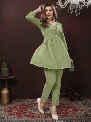 Pista green handwork cotton co-ord set with two pocket 1