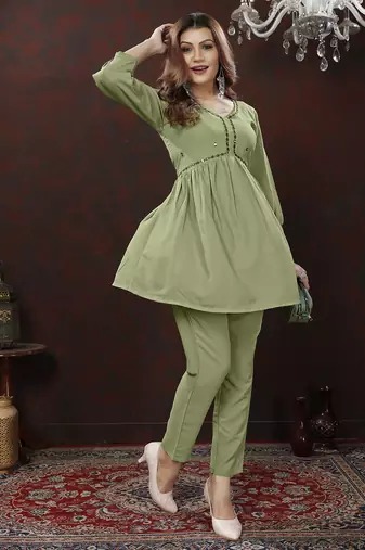 Pista green handwork cotton co-ord set with two pocket