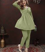Pista green handwork cotton co-ord set with two pocket