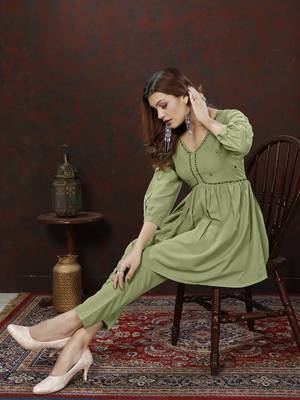 Pista green handwork cotton co-ord set with two pocket 3