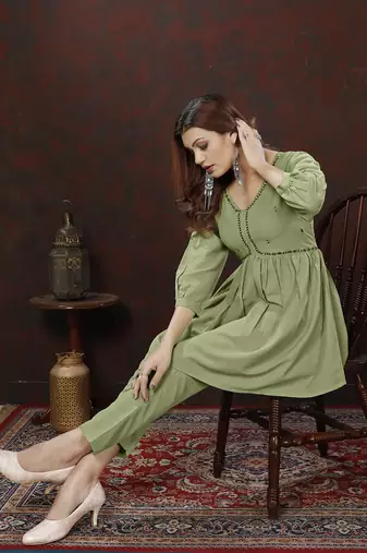 Pista green handwork cotton co-ord set with two pocket