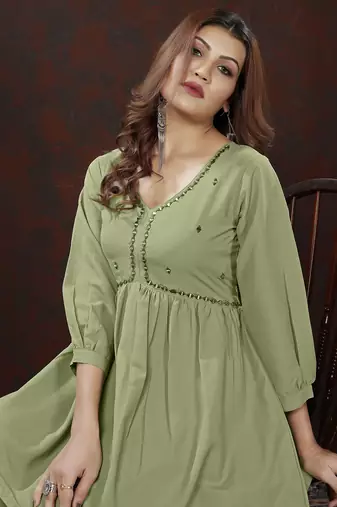 Pista green handwork cotton co-ord set with two pocket