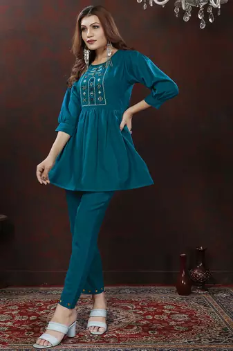 Teal blue handwork cotton co-ord set with two pocket