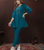 Teal blue handwork cotton co-ord set with two pocket