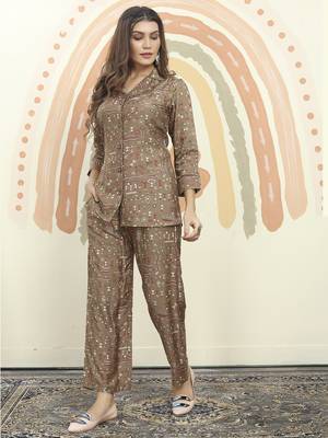 Brown printed riyon co-ord set with two pocket 1