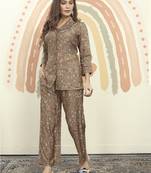 Brown printed riyon co-ord set with two pocket