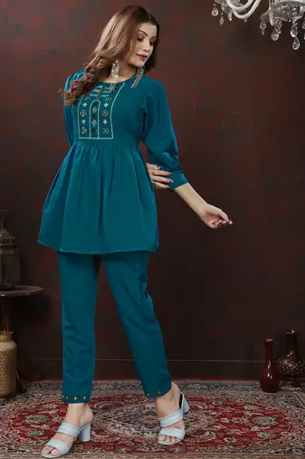 Teal blue handwork cotton co-ord set with two pocket