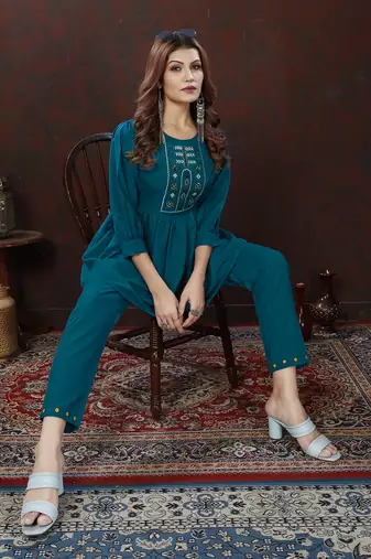 Teal blue handwork cotton co-ord set with two pocket