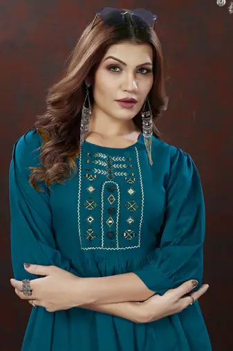 Teal blue handwork cotton co-ord set with two pocket