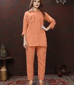 Peach handwork cotton co-ord set with two pocket