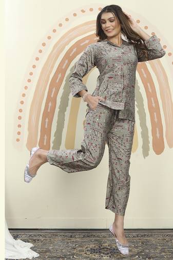 Beige printed riyon co-ord set with two pocket