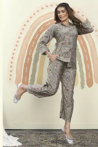 Beige printed riyon co-ord set with two pocket