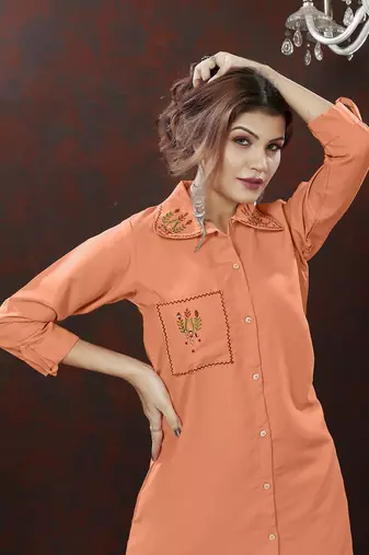 Peach handwork cotton co-ord set with two pocket