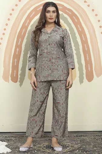 Beige printed riyon co-ord set with two pocket