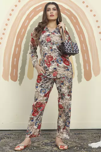 Grey printed riyon co-ord set with two pocket