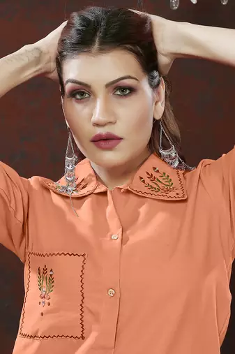Peach handwork cotton co-ord set with two pocket