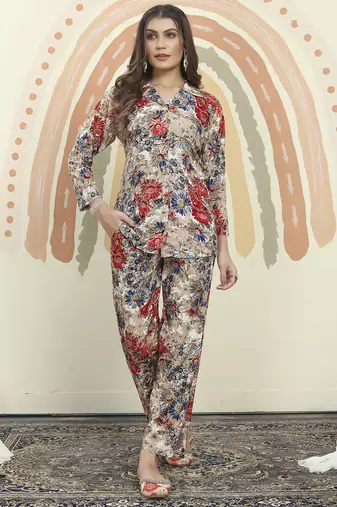Grey printed riyon co-ord set with two pocket