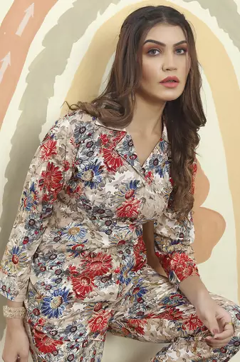 Grey printed riyon co-ord set with two pocket