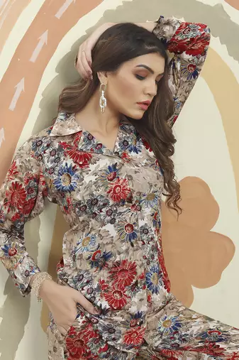 Grey printed riyon co-ord set with two pocket