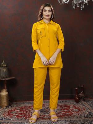 Mustard handwork cotton co-ord set with two pocket 1