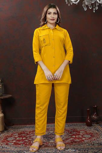 Mustard handwork cotton co-ord set with two pocket