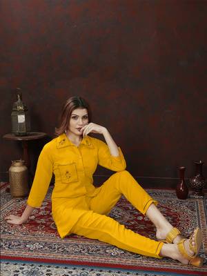 Mustard handwork cotton co-ord set with two pocket 2