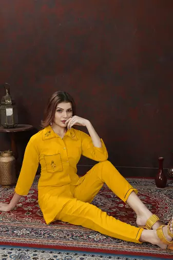 Mustard handwork cotton co-ord set with two pocket