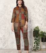 Brown printed riyon co-ord set with two pocket