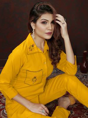 Mustard handwork cotton co-ord set with two pocket 3
