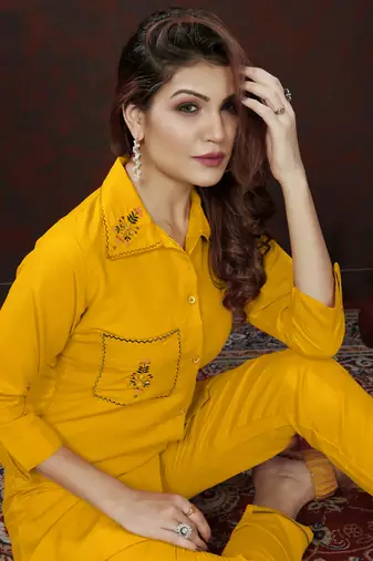 Mustard handwork cotton co-ord set with two pocket