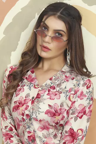 Cream printed riyon co-ord set with two pocket