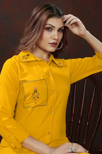 Mustard handwork cotton co-ord set with two pocket