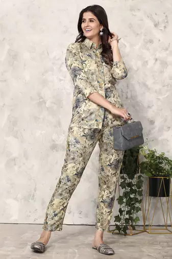 Beige printed riyon co-ord set with two pocket