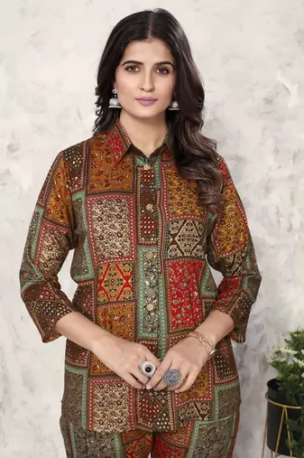 Brown printed riyon co-ord set with two pocket