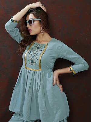 Sky blue handwork cotton co-ord set with two pocket 4