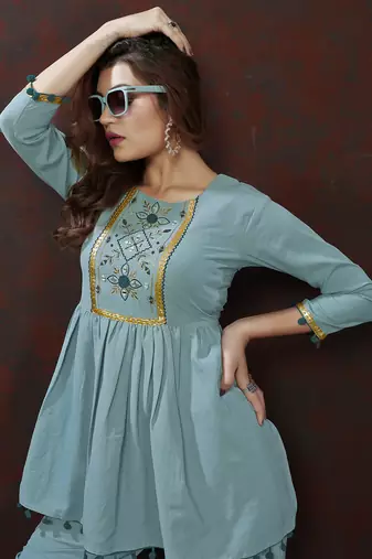 Sky blue handwork cotton co-ord set with two pocket