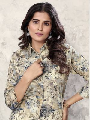 Beige printed riyon co-ord set with two pocket 3