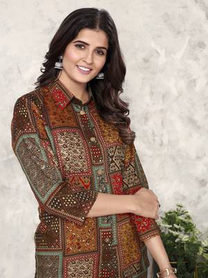 Brown printed riyon co-ord set with two pocket 5