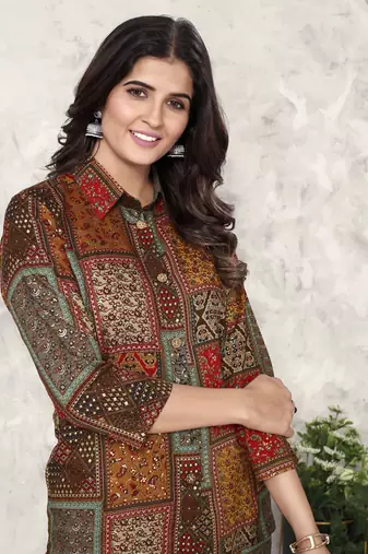 Brown printed riyon co-ord set with two pocket
