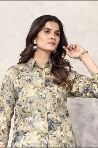 Beige printed riyon co-ord set with two pocket